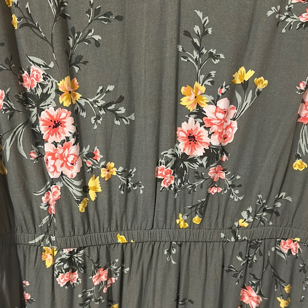 Old Navy Olive Green Floral Midi Dress with Pink & Yellow Flowers - Picture 3 of 7